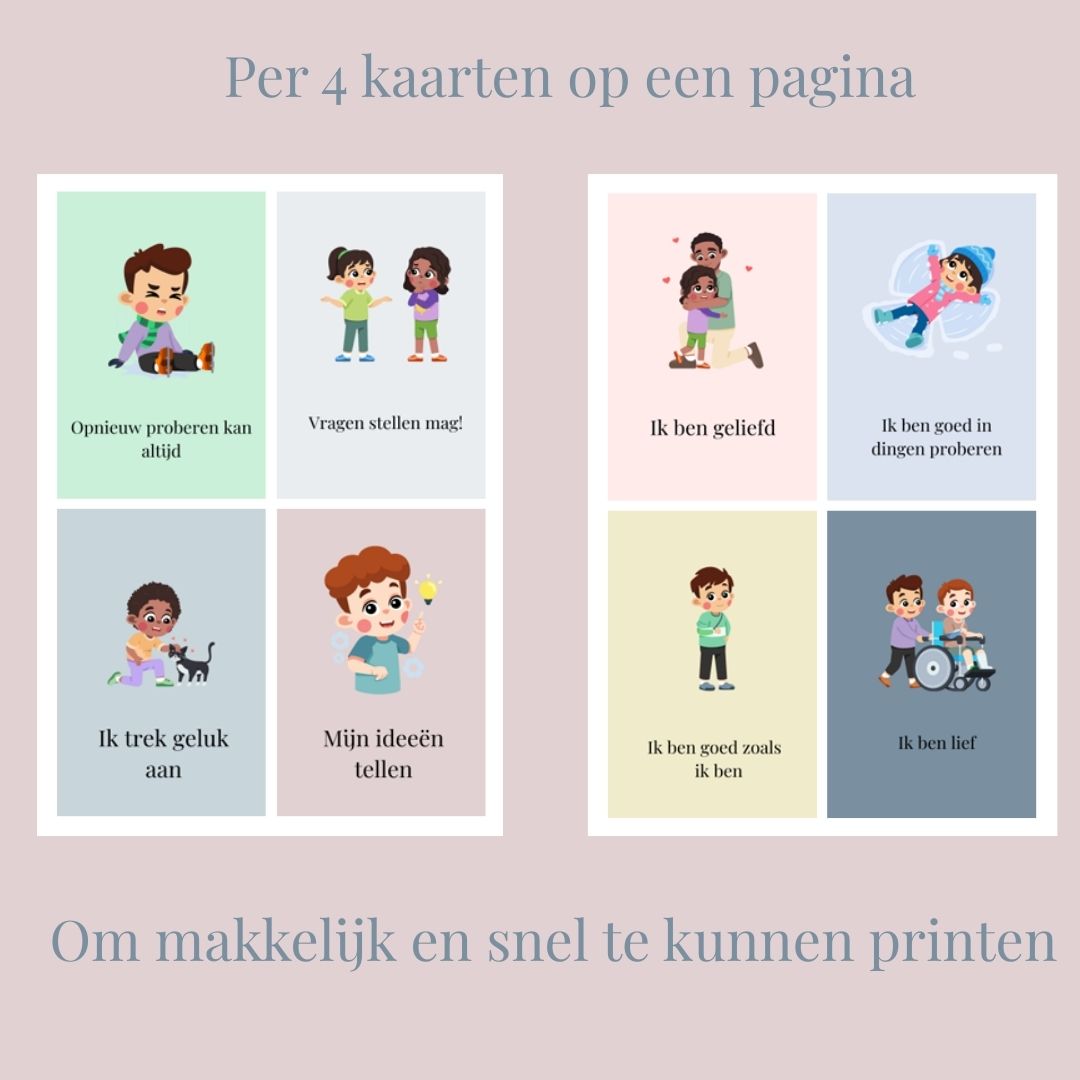 Affirmaties met helpende gedachten. Printbaar dus meteen in huis om het zelfvertrouwen van je kind te vergroten. Affirmaties voor kinderen.