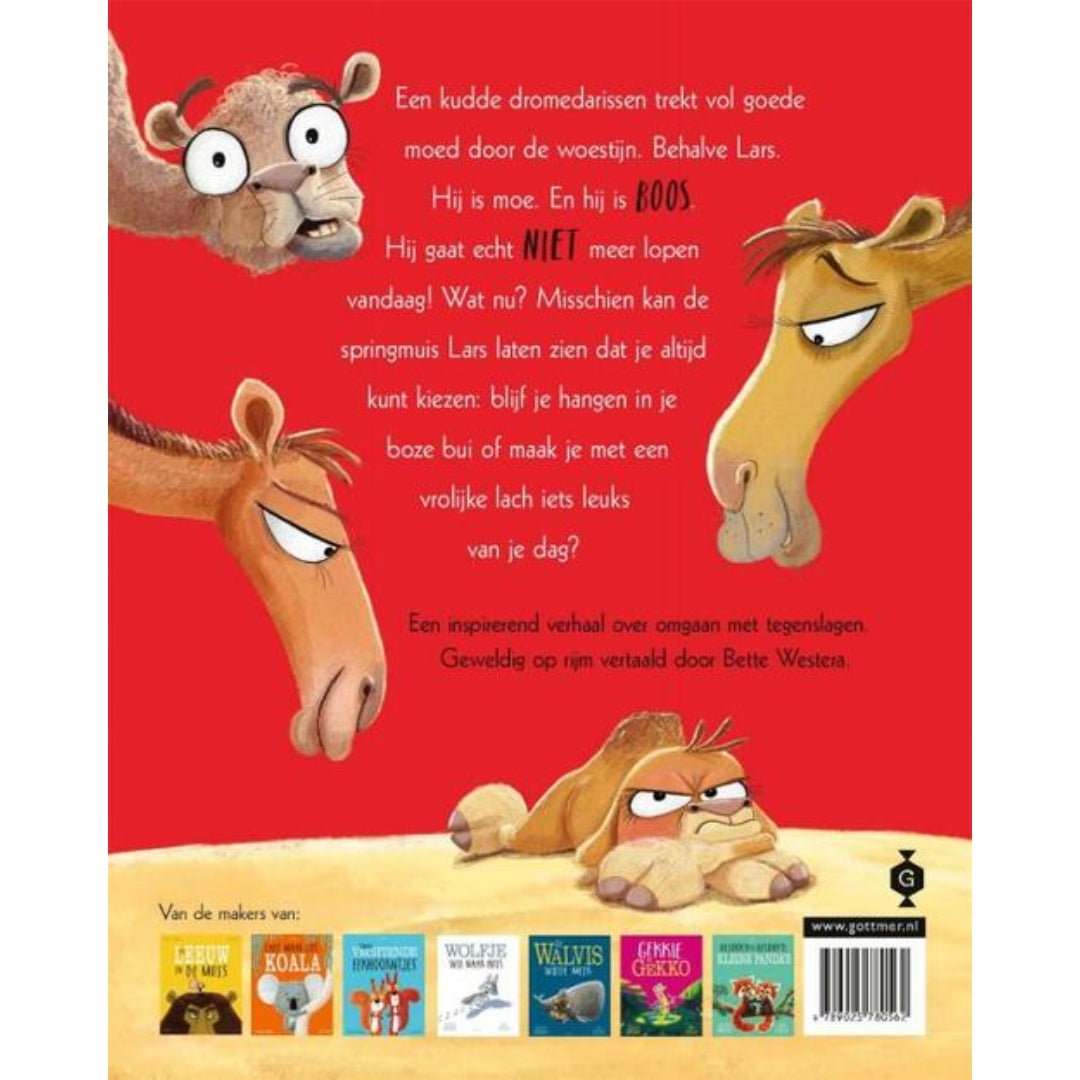 Achterkant - Lars de dwarse dromedaris – prentenboek over driftbuien en emoties voor kinderen vanaf 3 jaar