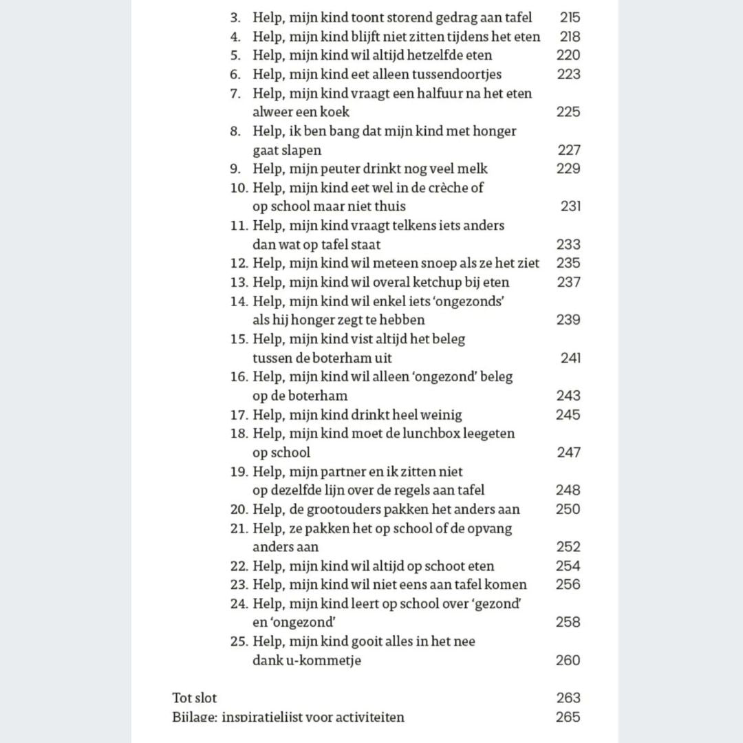 Alle vragen die beantwoord worden in het boek: Moeilijke eters bestaan niet. Fijn hulpmiddel als je je zorgen maakt over het eetgedrag van je kind