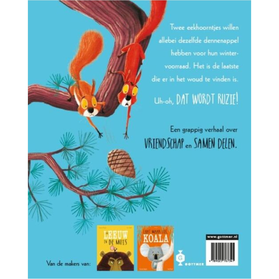 achterkant boek - Twee vechtende eekhoorntjes – prentenboek over delen en vriendschap voor kinderen vanaf 3 jaar