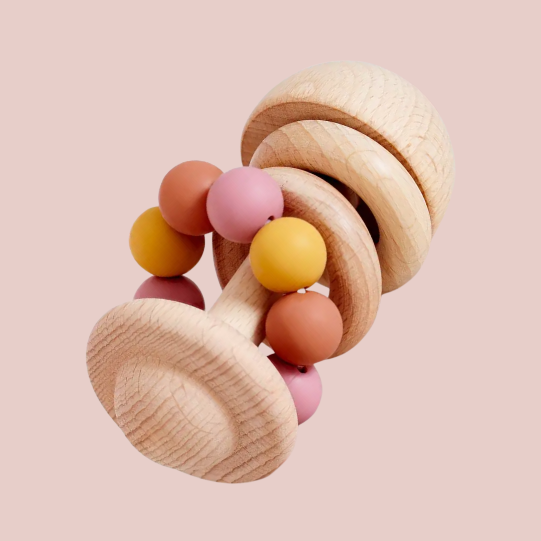 Rammelaar massief hout, sensorisch spel baby