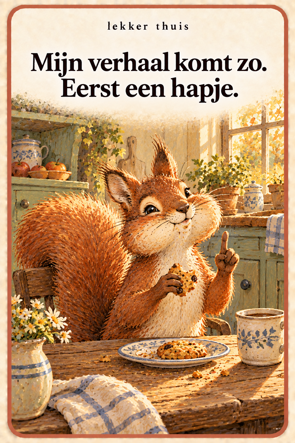 Vier Lekker thuis-kaartjes voor na school over gevoelens en behoeften. Eekhoorn die een koekje eet