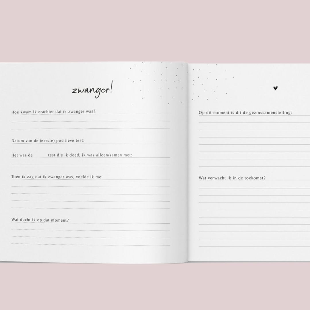 Fyllbooks zwangerschapsdagboek met invulpagina’s over de positieve zwangerschapstest en verwachtingen