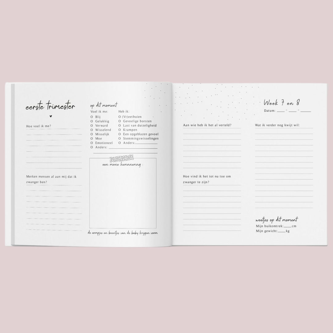 Fyllbooks zwangerschapsdagboek met invulpagina’s voor het eerste trimester en week 7 en 8