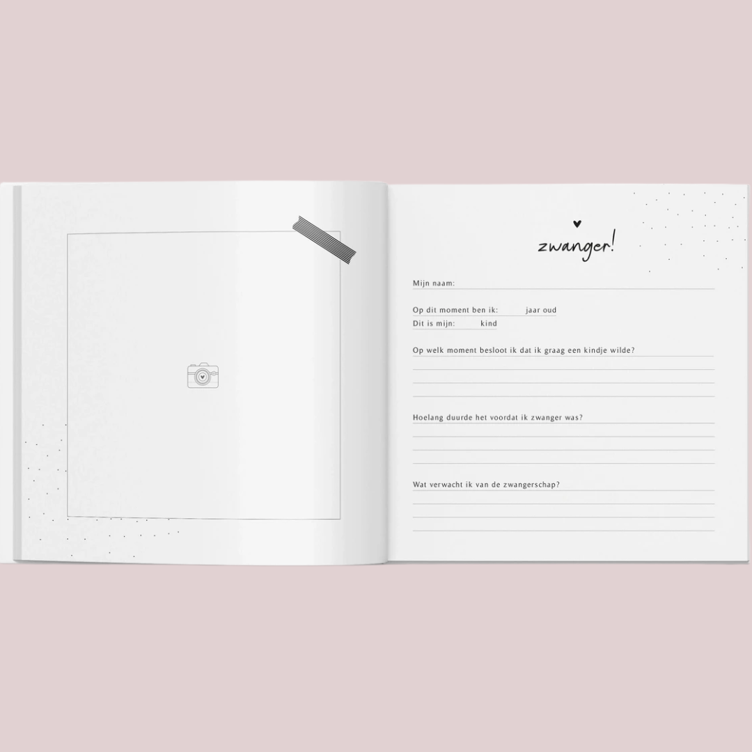 Fyllbooks zwangerschapsinvulboek met ruimte voor een foto en vragen over de zwangerschap
