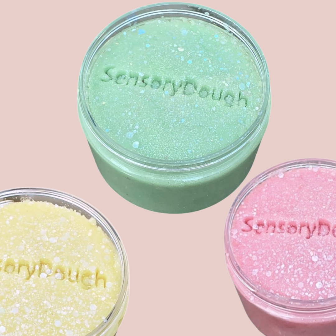 Glitterklei van sensoryfun. Pastelkleuren
