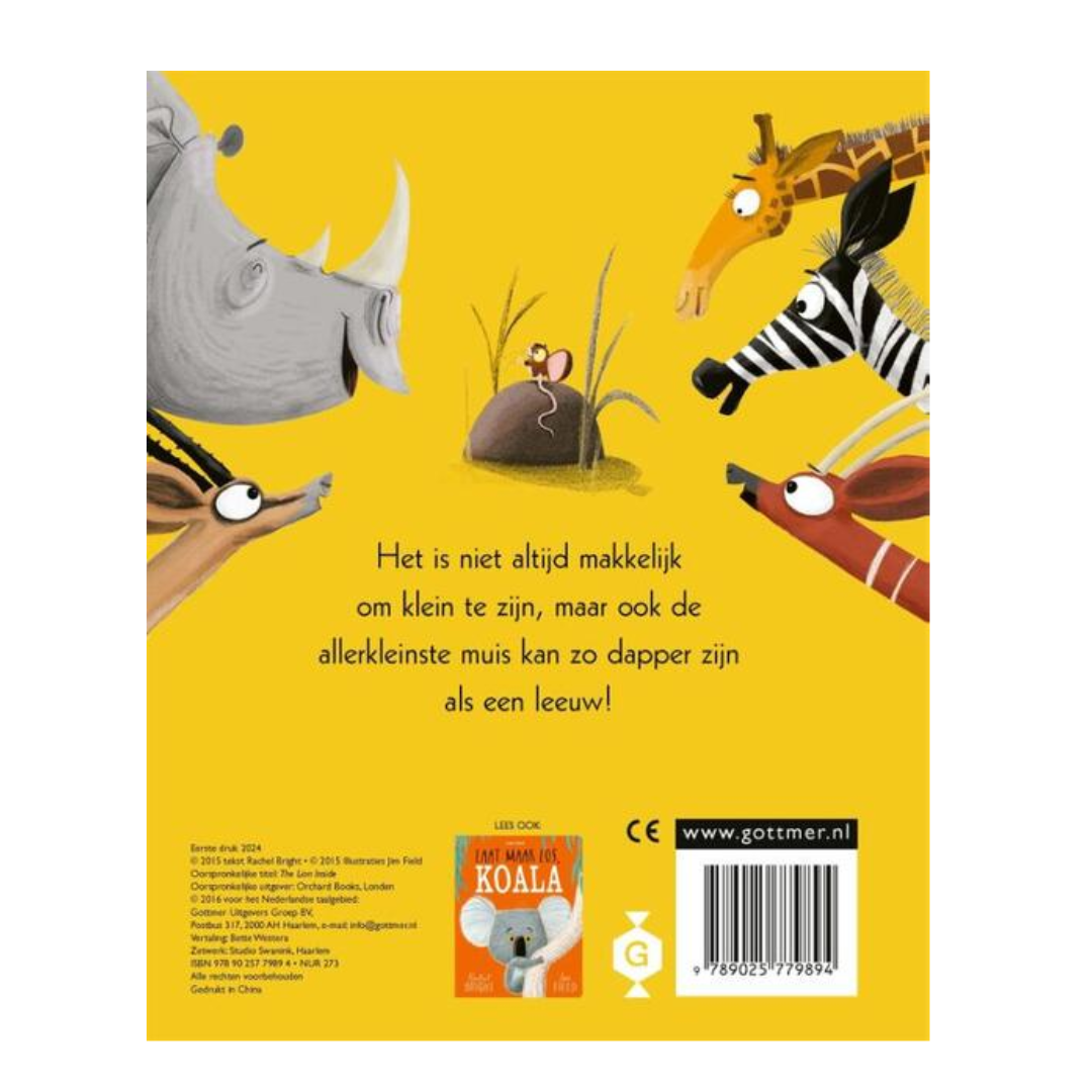Achterzijde prentenboek De leeuw in de muis – kinderboek over zelfvertrouwen
