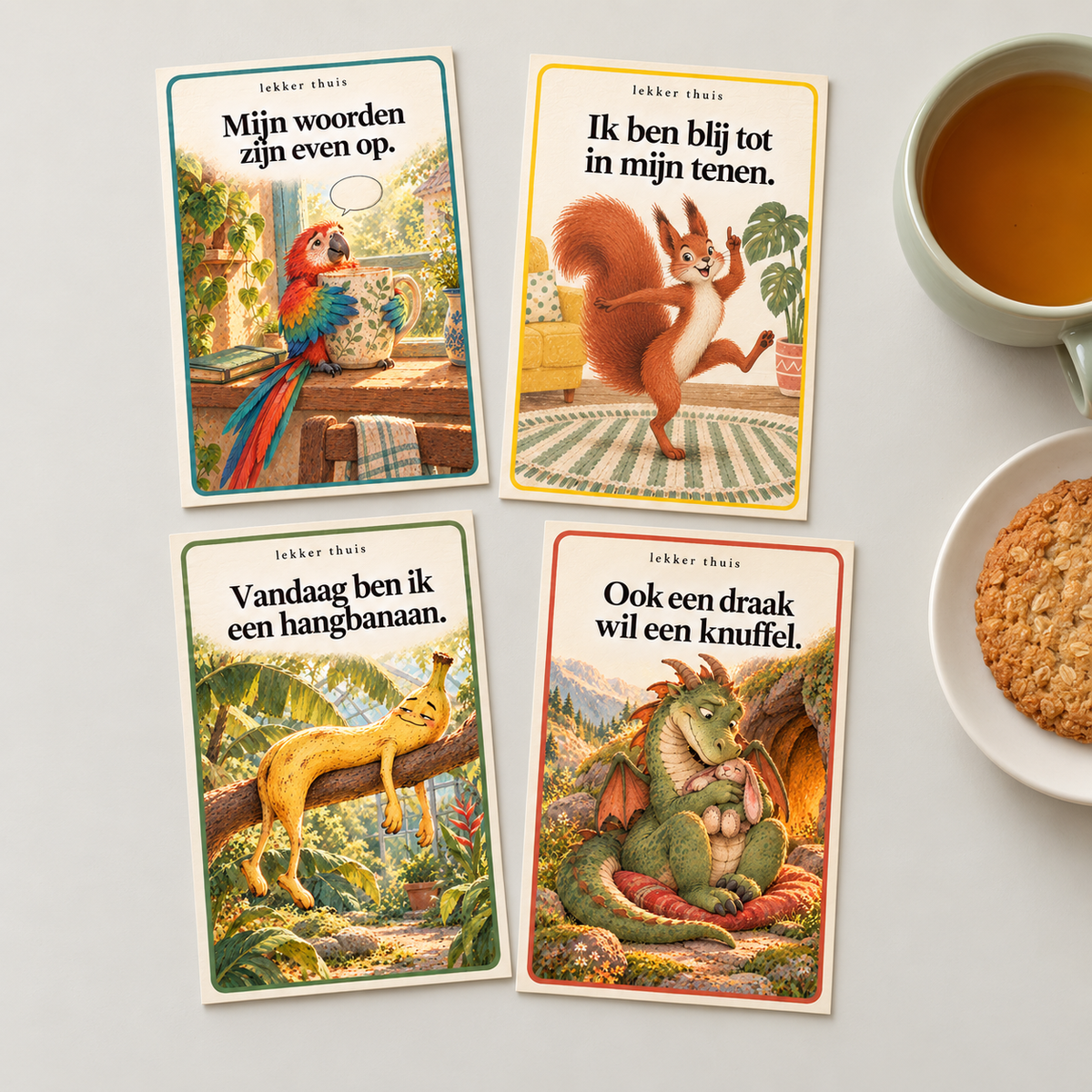 Vier Lekker thuis-kaartjes voor na school over gevoelens en behoeften, op een lichte tafel naast thee en een koekje.