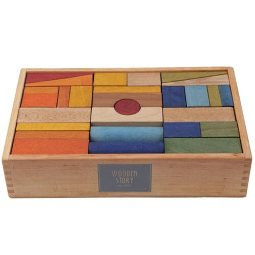 Wooden story houten blokken 63 stuks regenboog in houten doos