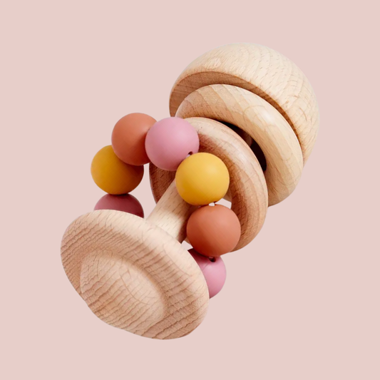 Rammelaar massief hout, sensorisch spel baby