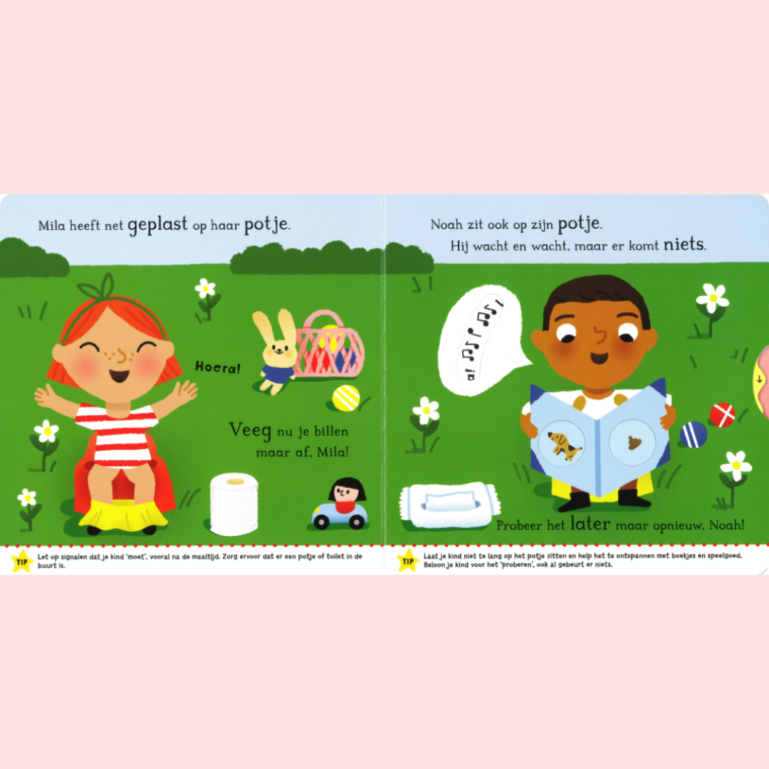 Binnenkant  boekje over zindelijkheid bij kinderen: op het potje. Jongetje en meisje op het potje