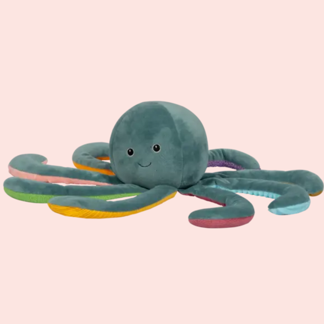Petrolkleurige ByASTRUP verzwaringsknuffel octopus van 1,2 kg met kleurrijke, getextureerde armen
